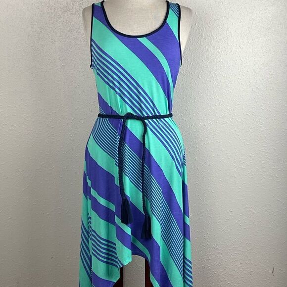NWT Silvergate Womens Blue and Teal Stripe Midi Dress with Rope Style Belt S & M - Picture 1 of 7